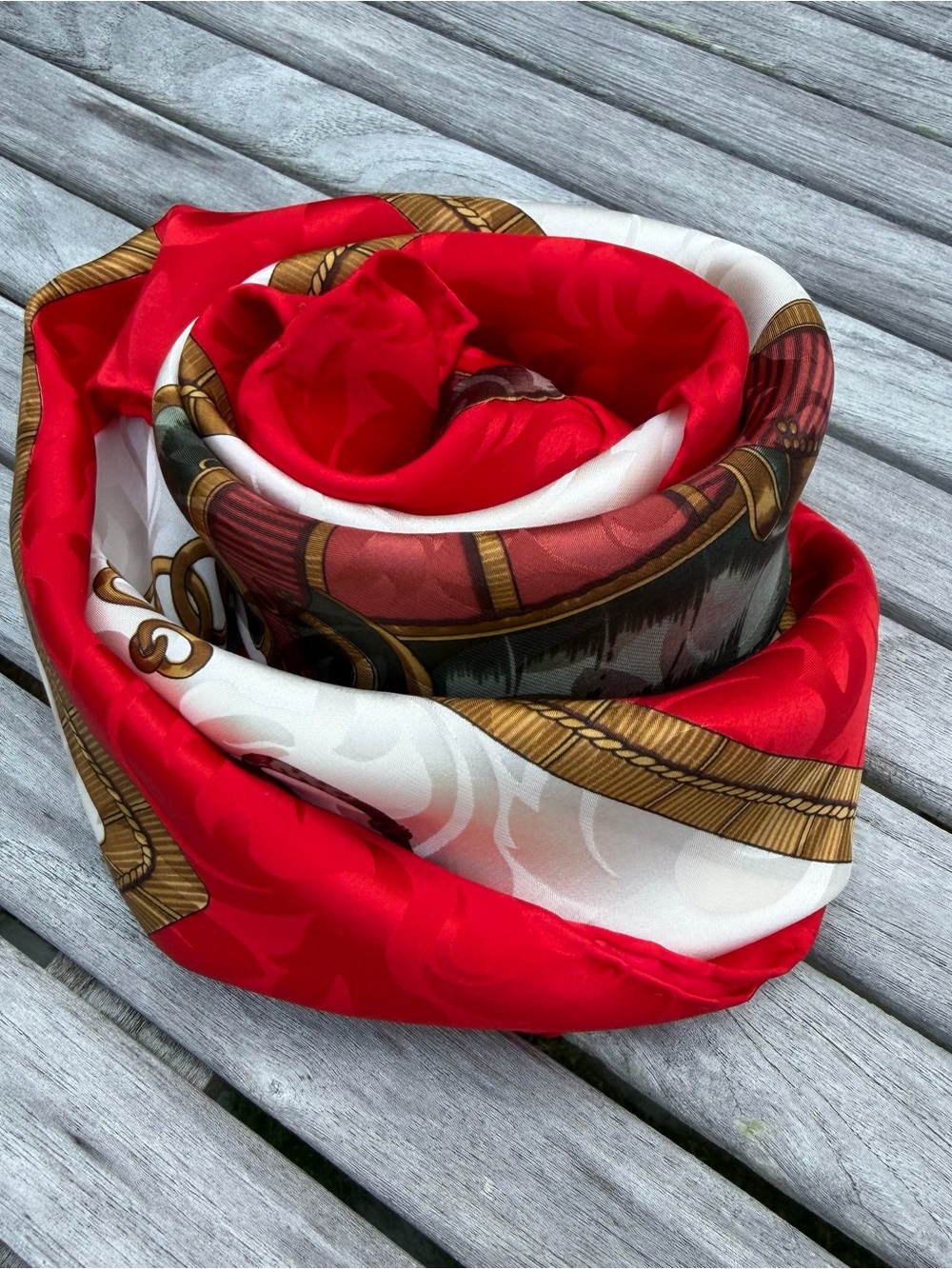 Vintage Equestrian 100% Silk Scarf Red White Horse Tack Riding Motif Square